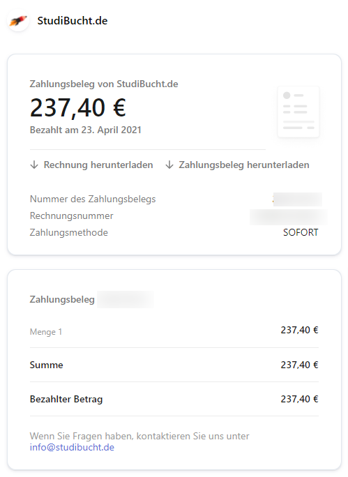 Credit card receipt Nachweis der Zahlung per Kreditkarte
