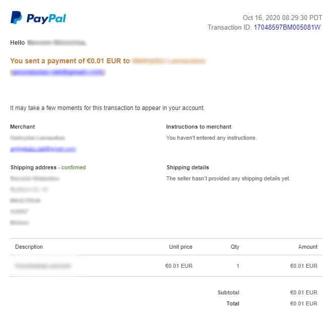 Paypal receipt Zahlungsnachweis über PayPal