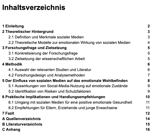 wie sieht ein inhaltsverzeichnis aus
